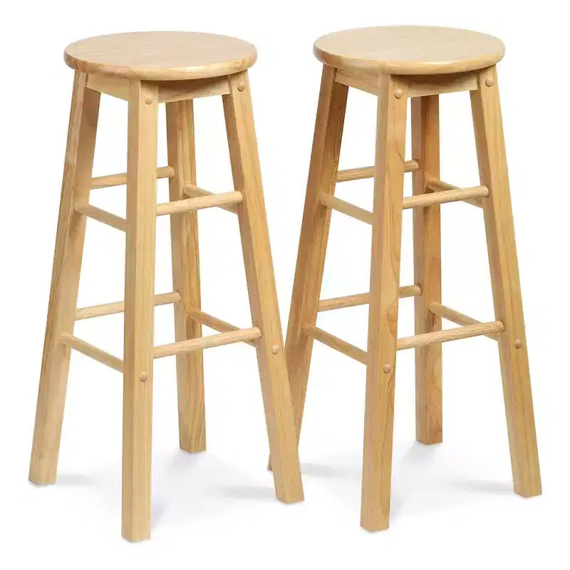Tabourets de bar de cuisine classiques PJ Wood à siège rond de 74 cm de haut pour maisons, salles à manger et bars, avec sièges sans dossier, pieds carrés, naturels, lot de 2