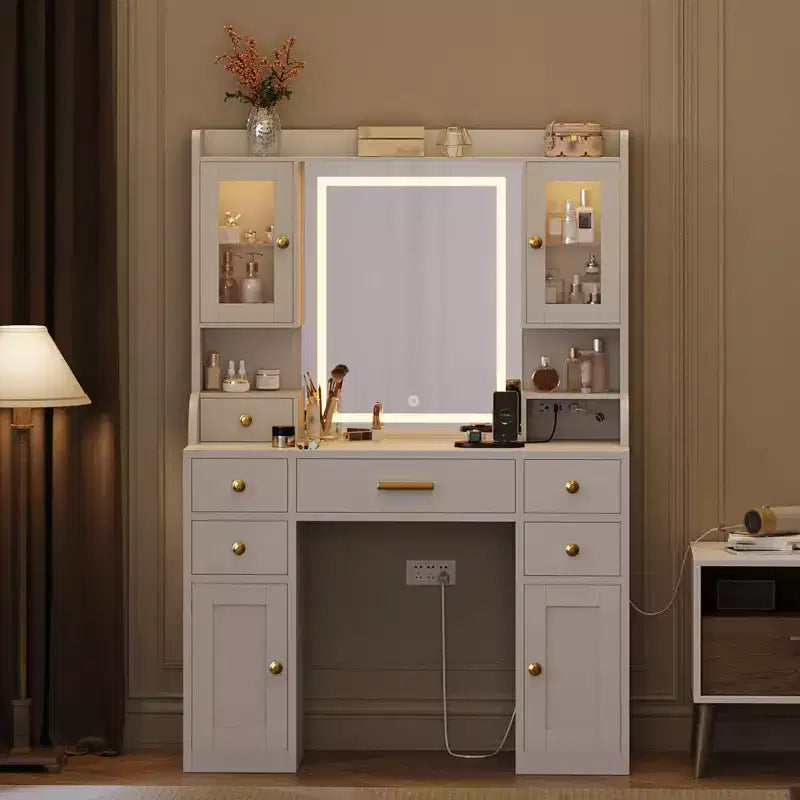 Coiffeuse avec station de charge et miroir LED, table de maquillage, 3 modes d'éclairage, 6 tiroirs, placard et étagères, blanc
