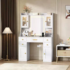 Coiffeuse avec station de charge et miroir LED, table de maquillage, 3 modes d'éclairage, 6 tiroirs, placard et étagères, blanc