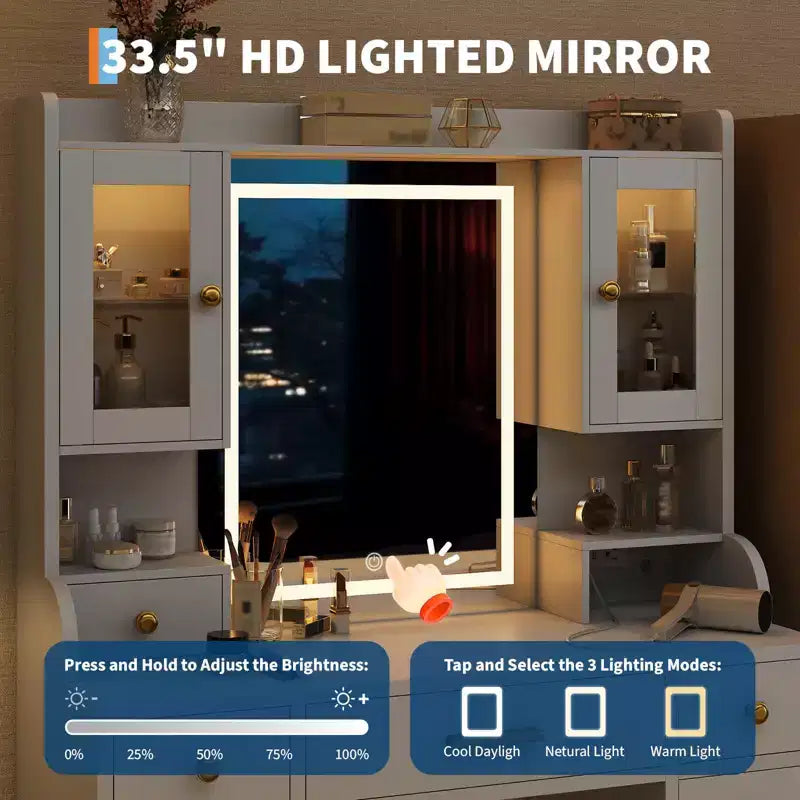 Coiffeuse avec station de charge et miroir LED, table de maquillage, 3 modes d'éclairage, 6 tiroirs, placard et étagères, blanc