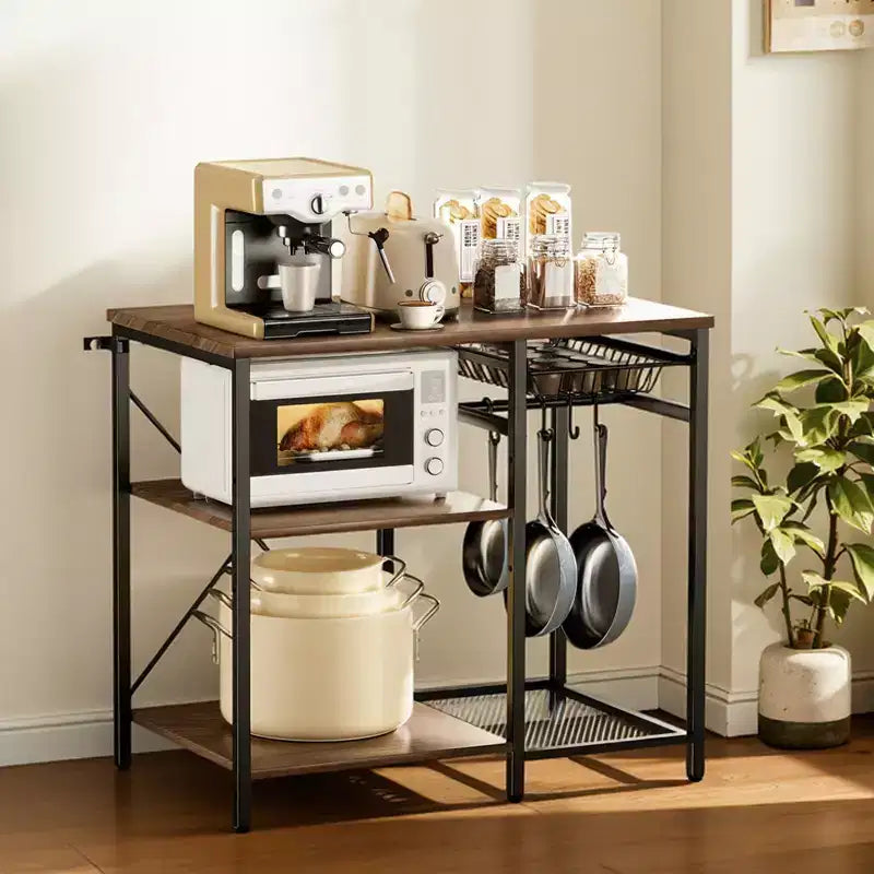 Étagère de Cuisine VEVOR, Étagère de Boulangerie de 35,4 Pouces de Large, Support de Cuisine avec Barre de Soutien en X, 5 Crochets en S, Étagère de Rangement Multi-Niveaux, Noir et Marron