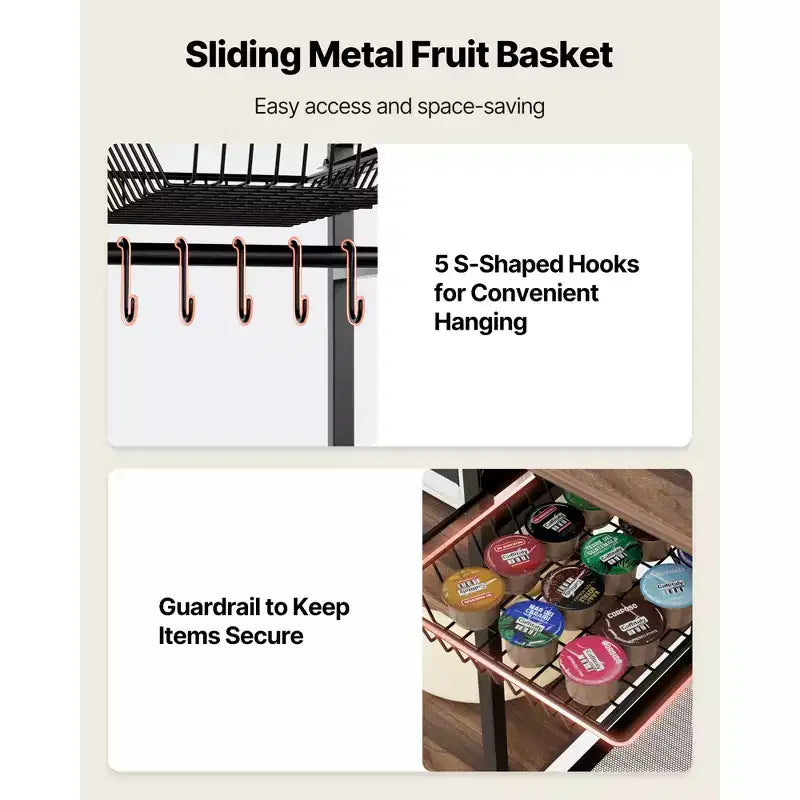 Étagère de Cuisine VEVOR, Étagère de Boulangerie de 35,4 Pouces de Large, Support de Cuisine avec Barre de Soutien en X, 5 Crochets en S, Étagère de Rangement Multi-Niveaux, Noir et Marron