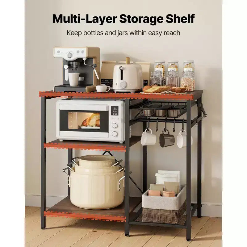 Étagère de Cuisine VEVOR, Étagère de Boulangerie de 35,4 Pouces de Large, Support de Cuisine avec Barre de Soutien en X, 5 Crochets en S, Étagère de Rangement Multi-Niveaux, Noir et Marron