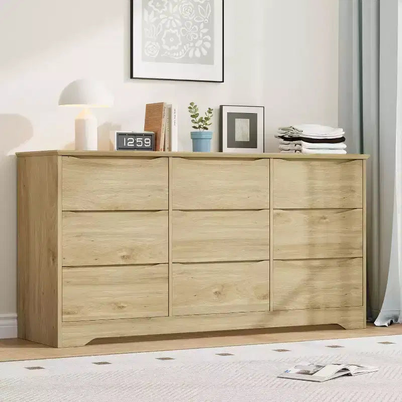 Wooden Dresser with 9 Drawers, Long Storage Dresser, Modern Closet, for Bedroom, Living Room