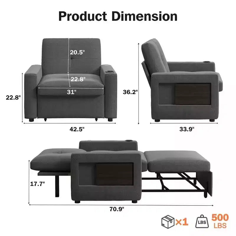 Dyonery 42,5 Lit Couchage Convertible 3-en-1 - Canapé-lit Inclinable Extensible avec Dossier Réglable, Ports de Charge USB, Porte-gobelet
