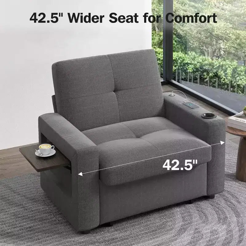Dyonery 42,5 Lit Couchage Convertible 3-en-1 - Canapé-lit Inclinable Extensible avec Dossier Réglable, Ports de Charge USB, Porte-gobelet