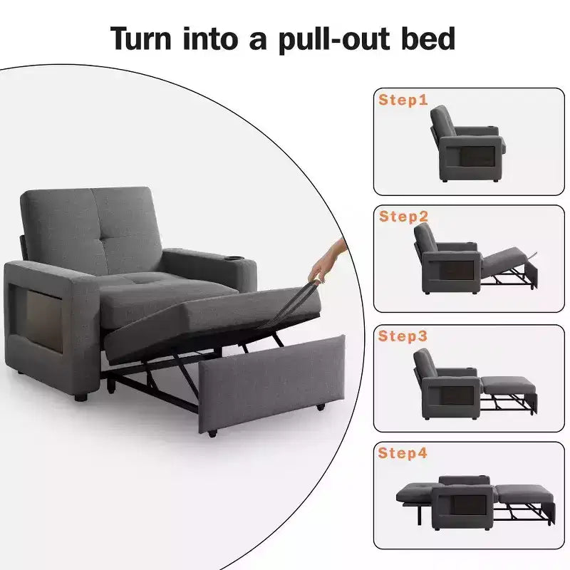 Dyonery 42,5 Lit Couchage Convertible 3-en-1 - Canapé-lit Inclinable Extensible avec Dossier Réglable, Ports de Charge USB, Porte-gobelet