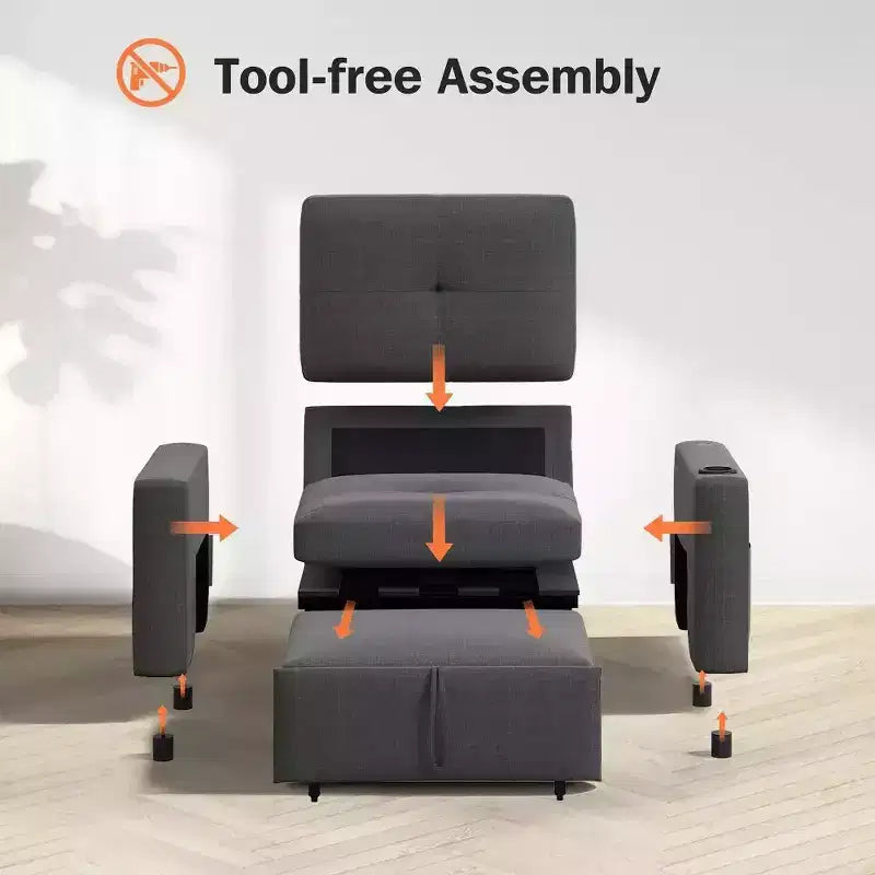 Dyonery 42,5 Lit Couchage Convertible 3-en-1 - Canapé-lit Inclinable Extensible avec Dossier Réglable, Ports de Charge USB, Porte-gobelet