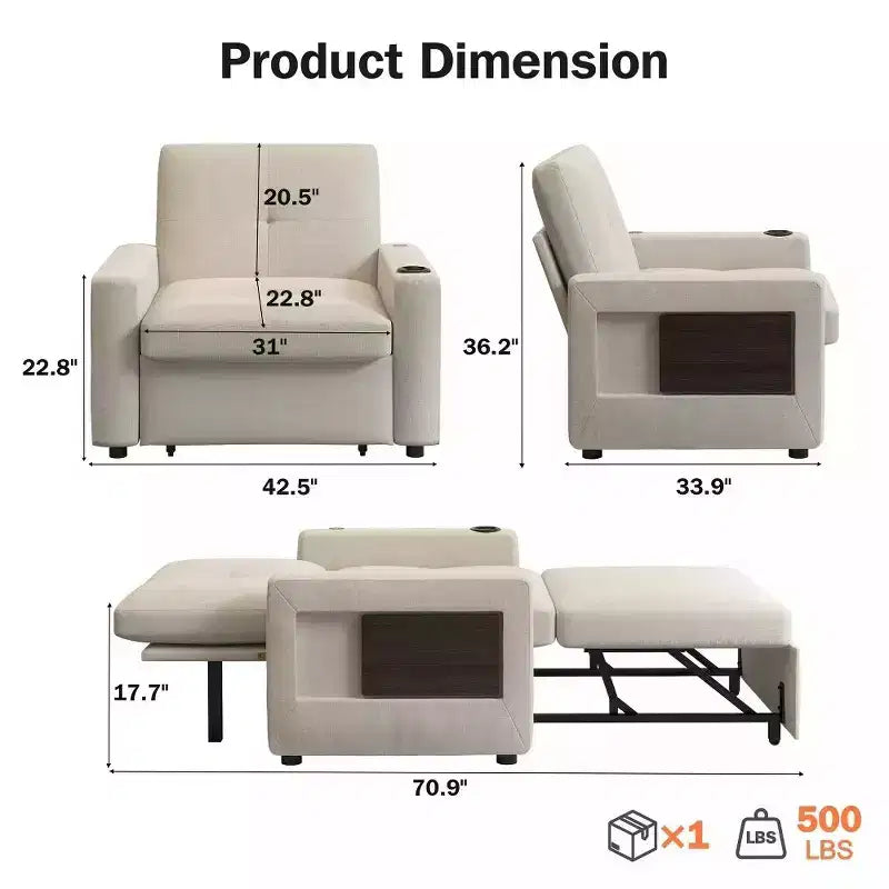 Dyonery 42,5 Lit Couchage Convertible 3-en-1 - Canapé-lit Inclinable Extensible avec Dossier Réglable, Ports de Charge USB, Porte-gobelet