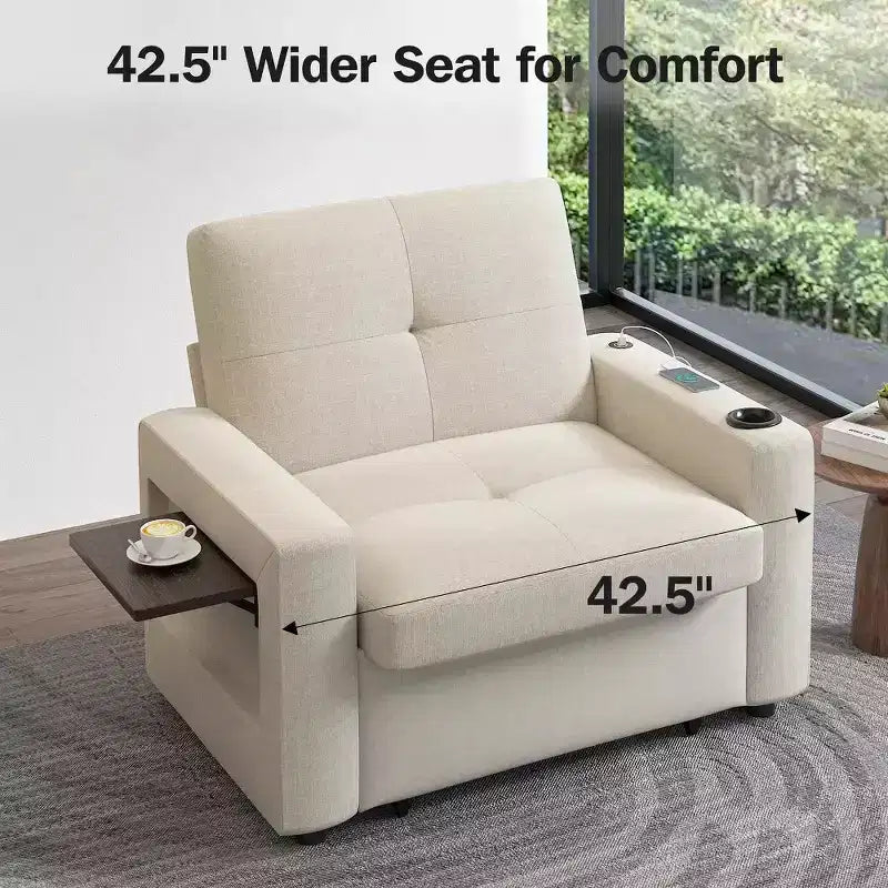 Dyonery 42,5 Lit Couchage Convertible 3-en-1 - Canapé-lit Inclinable Extensible avec Dossier Réglable, Ports de Charge USB, Porte-gobelet