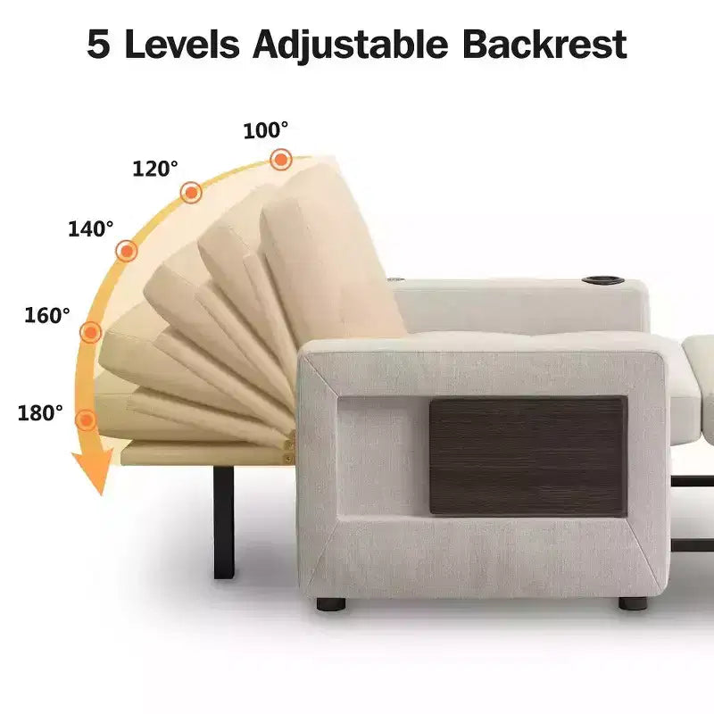 Dyonery 42,5 Lit Couchage Convertible 3-en-1 - Canapé-lit Inclinable Extensible avec Dossier Réglable, Ports de Charge USB, Porte-gobelet