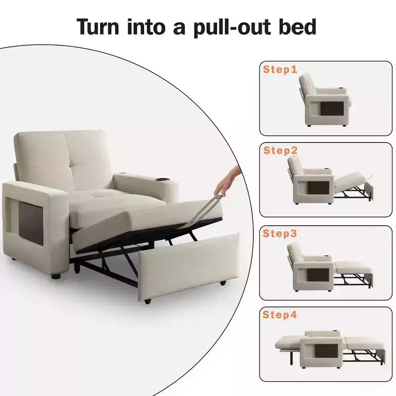 Dyonery 42,5 Lit Couchage Convertible 3-en-1 - Canapé-lit Inclinable Extensible avec Dossier Réglable, Ports de Charge USB, Porte-gobelet