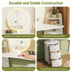Coiffeuse d'angle de luxe avec miroir rond et lumières, meuble de rangement pour chambre, finition naturelle, éclairage à intensité variable
