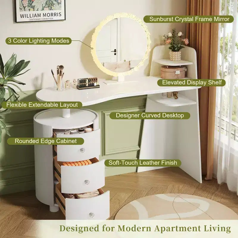 Coiffeuse d'angle de luxe avec miroir rond et lumières, meuble de rangement pour chambre, finition naturelle, éclairage à intensité variable