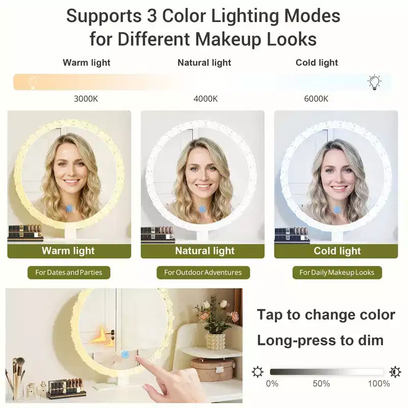 Coiffeuse d'angle de luxe avec miroir rond et lumières, meuble de rangement pour chambre, finition naturelle, éclairage à intensité variable