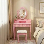 Modern Makeup Vanity Desk with Mirror, 4 Drawers, Matching Stool for Girls' Rooms, Pink Finish, Space-Saving Design