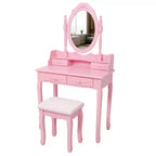 Coiffeuse moderne avec miroir, 4 tiroirs, tabouret assorti pour chambres de filles, finition rose, design peu encombrant