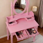 Coiffeuse moderne avec miroir, 4 tiroirs, tabouret assorti pour chambres de filles, finition rose, design peu encombrant