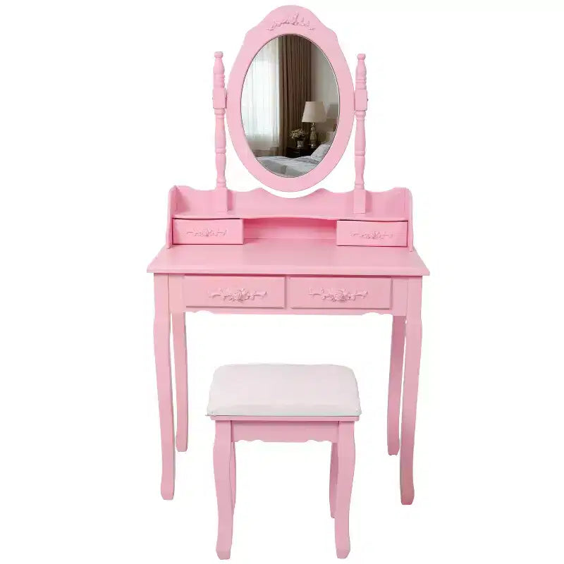 Coiffeuse moderne avec miroir, 4 tiroirs, tabouret assorti pour chambres de filles, finition rose, design peu encombrant