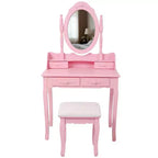 Coiffeuse moderne avec miroir, 4 tiroirs, tabouret assorti pour chambres de filles, finition rose, design peu encombrant