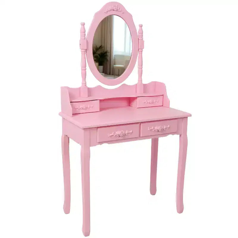 Coiffeuse moderne avec miroir, 4 tiroirs, tabouret assorti pour chambres de filles, finition rose, design peu encombrant