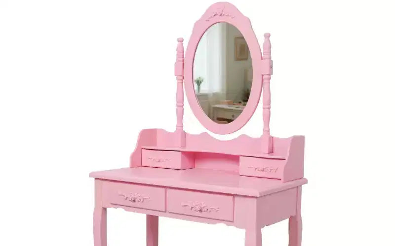 Coiffeuse moderne avec miroir, 4 tiroirs, tabouret assorti pour chambres de filles, finition rose, design peu encombrant