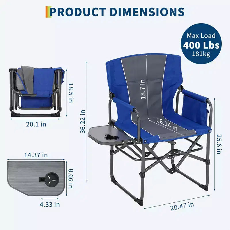 Chaise de camping pliante surdimensionnée Acekool avec table d'appoint et poche, chaise de réalisateur portable pour jardin, parc et plage, capacité de 150 kg
