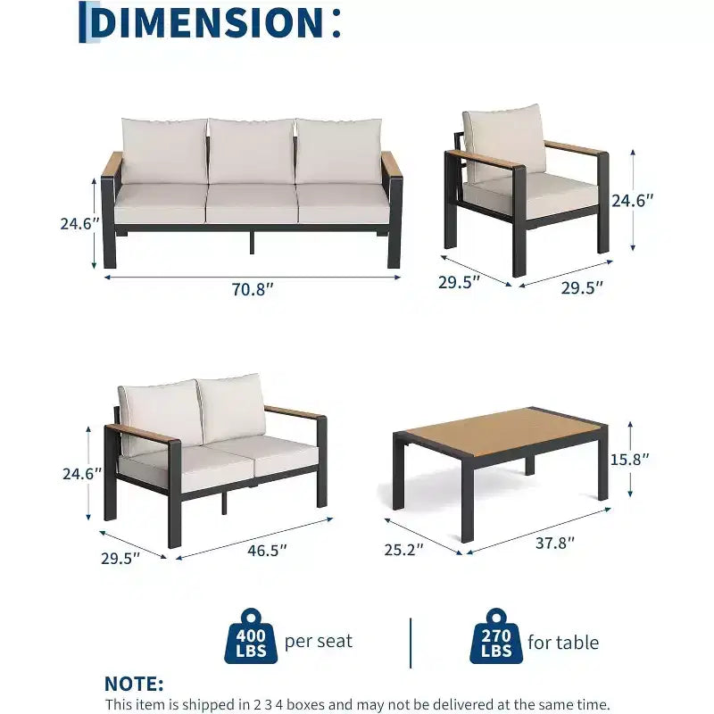 Ensemble de conversation sectionnel 5 pièces, ensemble de meubles de patio extérieurs en aluminium, sièges extérieurs modernes, pour porche, balcon, terrasse
