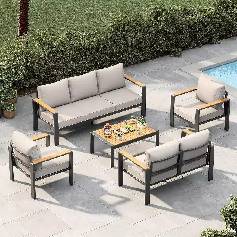 Ensemble de conversation sectionnel 5 pièces, ensemble de meubles de patio extérieurs en aluminium, sièges extérieurs modernes, pour porche, balcon, terrasse