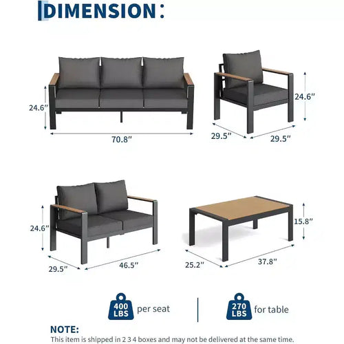 Ensemble de conversation sectionnel 5 pièces, ensemble de meubles de patio extérieurs en aluminium, sièges extérieurs modernes, pour porche, balcon, terrasse