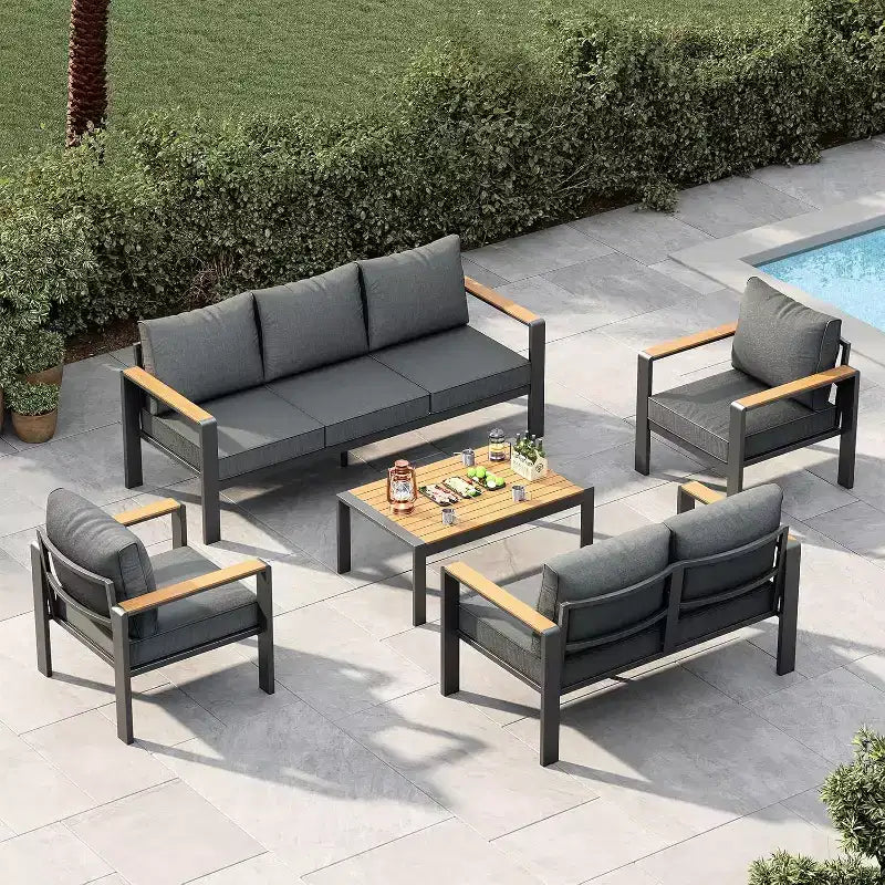 Ensemble de conversation sectionnel 5 pièces, ensemble de meubles de patio extérieurs en aluminium, sièges extérieurs modernes, pour porche, balcon, terrasse