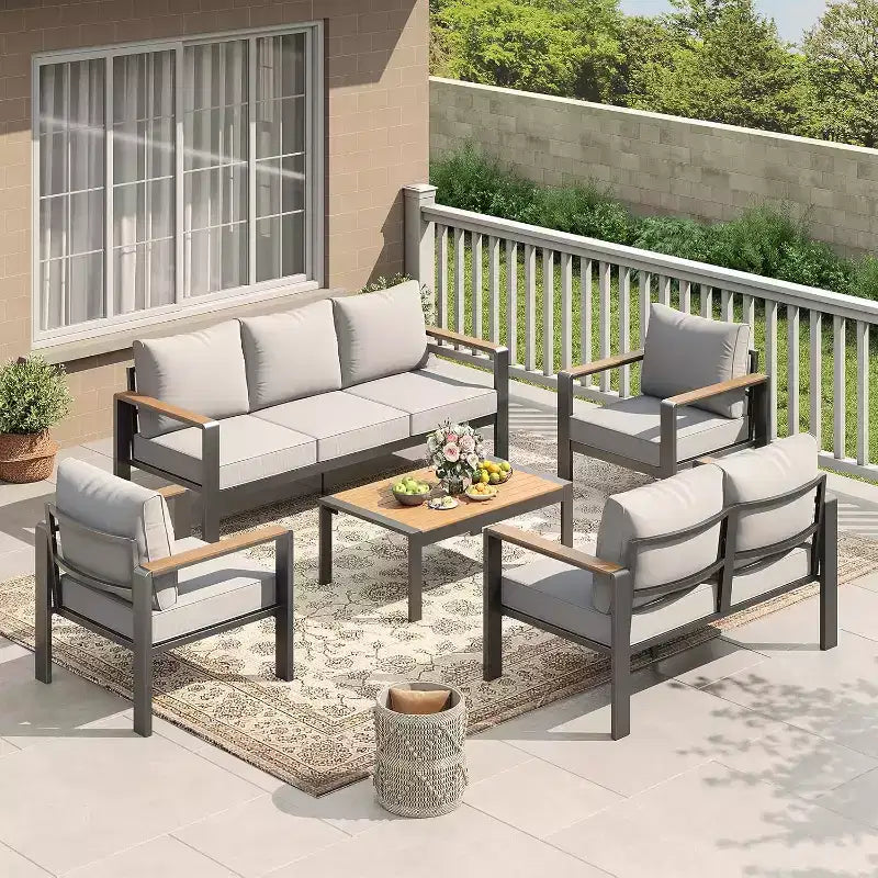 Ensemble de conversation sectionnel 5 pièces, ensemble de meubles de patio extérieurs en aluminium, sièges extérieurs modernes, pour porche, balcon, terrasse
