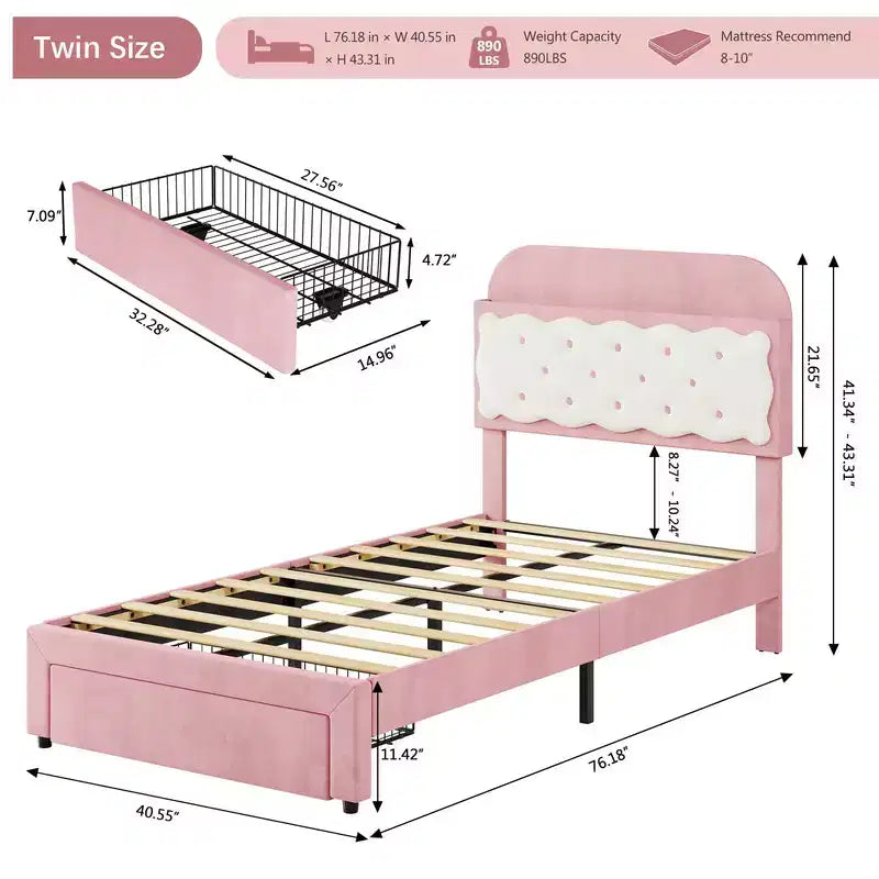 Coolmee Lits Jumeaux, Lit Plateforme Rembourré avec Tête de Lit Capitonnée Rangement, Tiroir, Lattes en Bois Robustes, Pas Besoin de Sommier Tapissier, Assemblage Facile