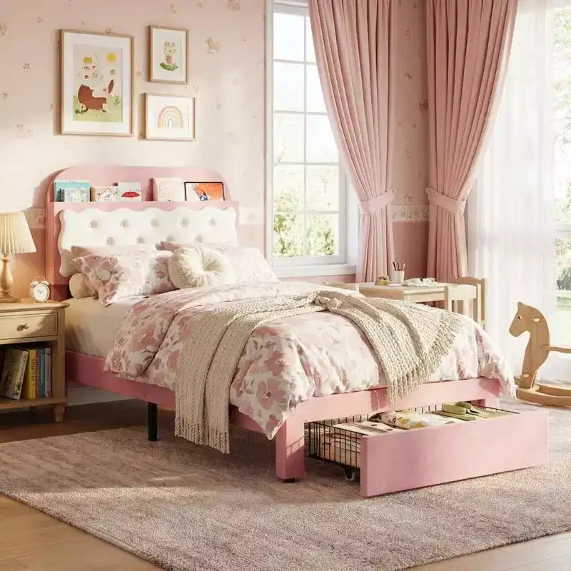 Coolmee Lits Jumeaux, Lit Plateforme Rembourré avec Tête de Lit Capitonnée Rangement, Tiroir, Lattes en Bois Robustes, Pas Besoin de Sommier Tapissier, Assemblage Facile