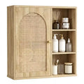 Dcolora Boho Rattan Wall Cabinet, Arched Door, Open Shelf, Bathroom Storage Unit