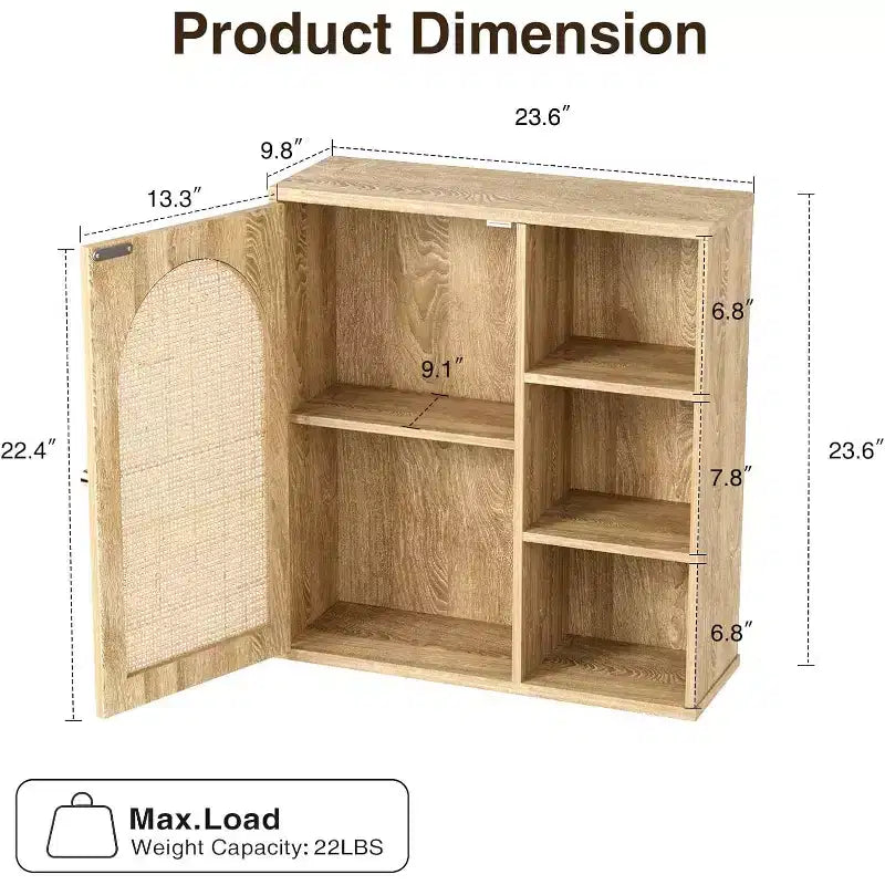 Meuble de rangement mural Dcolora Boho en rotin, porte arquée, étagère ouverte, meuble de salle de bain