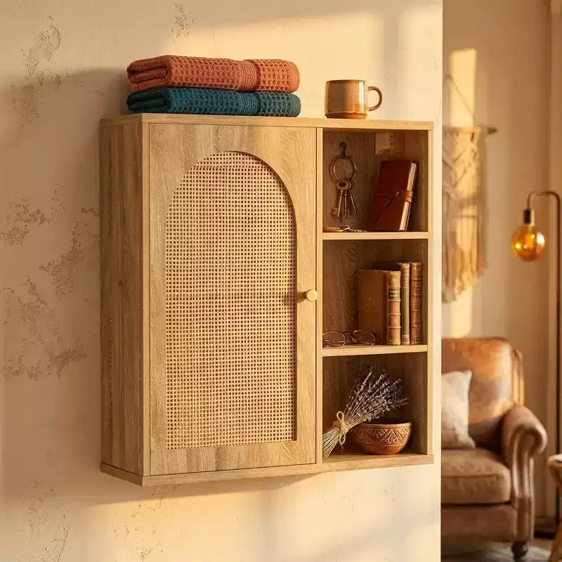 Meuble de rangement mural Dcolora Boho en rotin, porte arquée, étagère ouverte, meuble de salle de bain