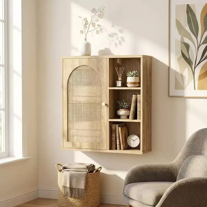 Meuble de rangement mural Dcolora Boho en rotin, porte arquée, étagère ouverte, meuble de salle de bain