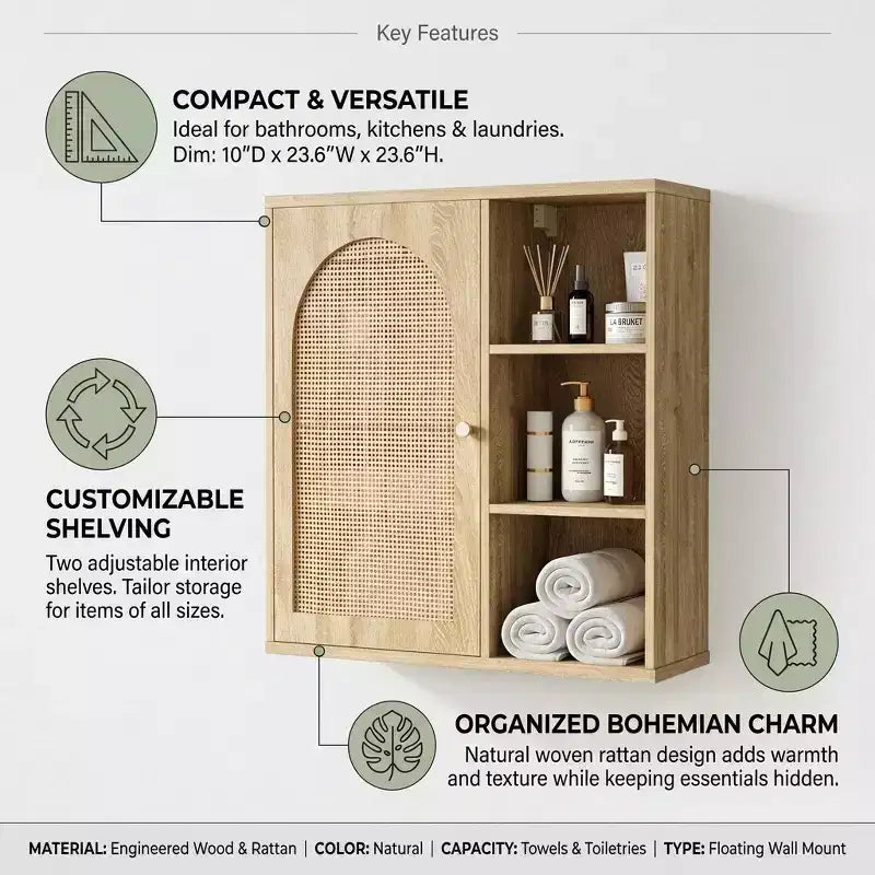 Meuble de rangement mural Dcolora Boho en rotin, porte arquée, étagère ouverte, meuble de salle de bain