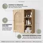 Meuble de rangement mural Dcolora Boho en rotin, porte arquée, étagère ouverte, meuble de salle de bain