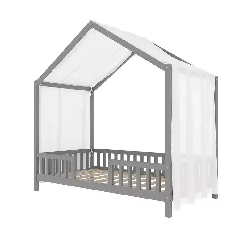 Cadre de lit Montessori en forme de maison basse pour lit jumeau Luxystar avec rideaux