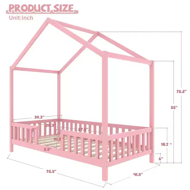 Cadre de lit Montessori en forme de maison basse pour lit jumeau Luxystar avec rideaux