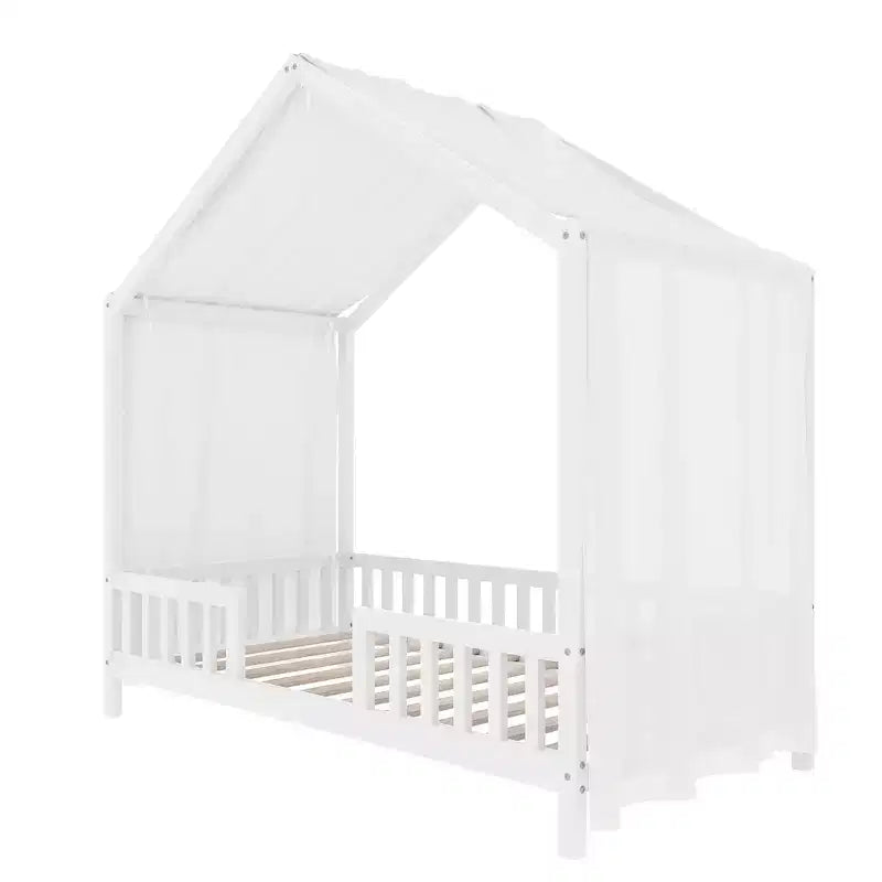 Cadre de lit Montessori en forme de maison basse pour lit jumeau Luxystar avec rideaux