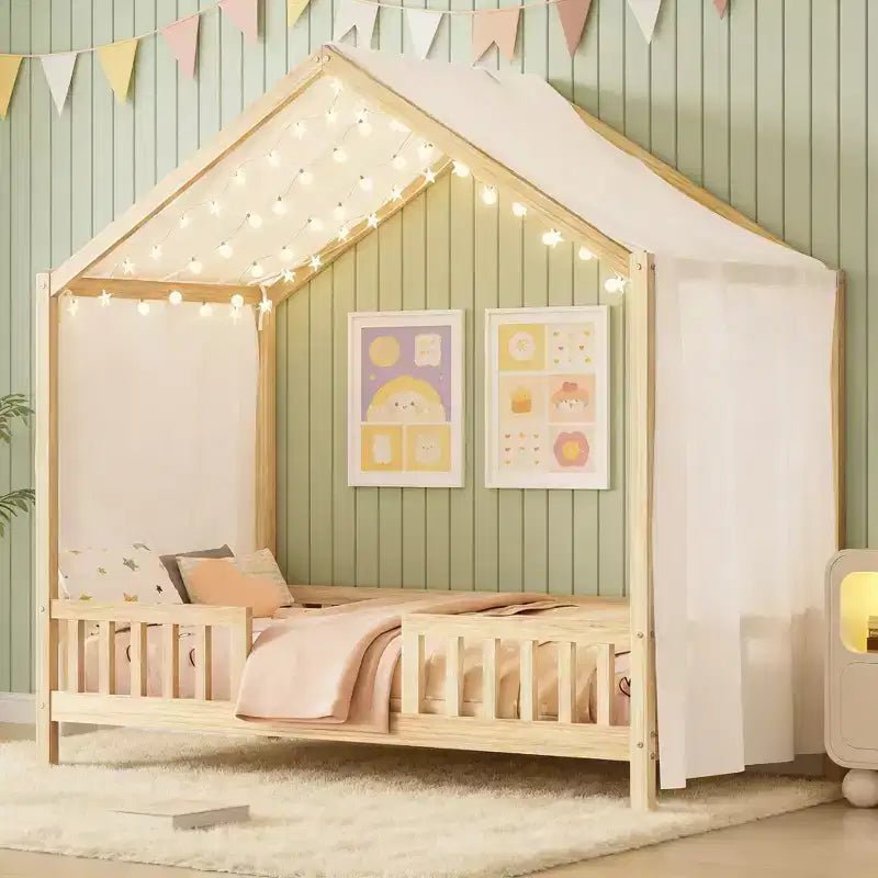 Cadre de lit Montessori en forme de maison basse pour lit jumeau Luxystar avec rideaux