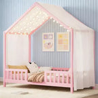 Cadre de lit Montessori en forme de maison basse pour lit jumeau Luxystar avec rideaux