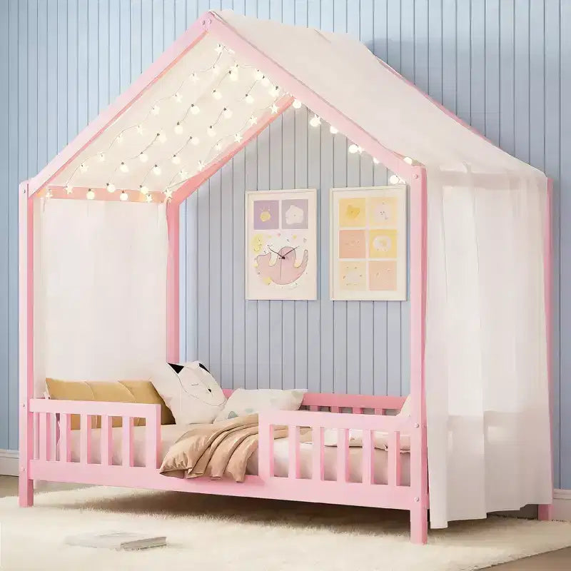 Cadre de lit Montessori en forme de maison basse pour lit jumeau Luxystar avec rideaux