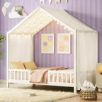 Cadre de lit Montessori en forme de maison basse pour lit jumeau Luxystar avec rideaux