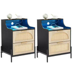 2 Pack Wooden Rattan Nightstand, Charging Station & LED Lights, USB Ports/Outlets, 3 Rattan Drawers, Black for Bedroom