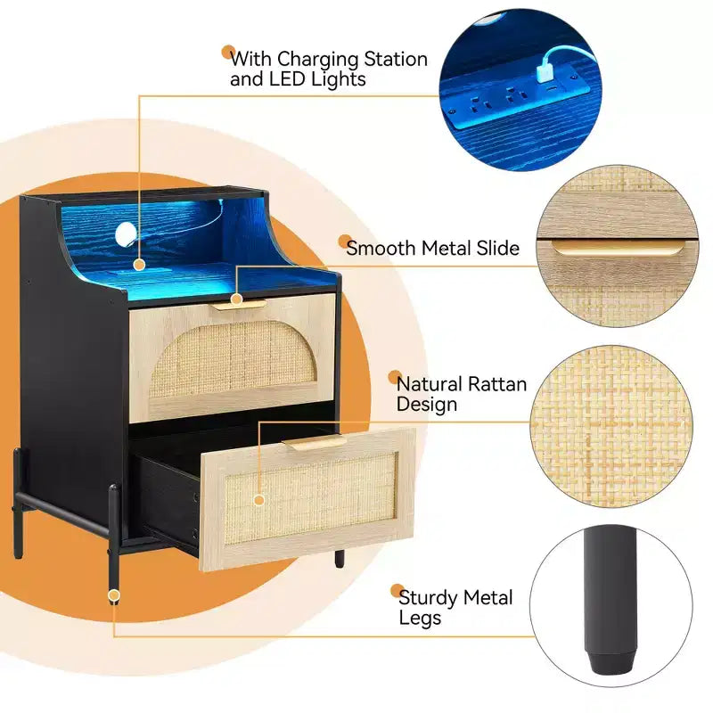 Lot de 2 tables de chevet en rotin et bois, station de recharge et lumières LED, ports/prises USB, 3 tiroirs en rotin, noir pour chambre à coucher
