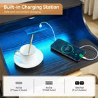 Lot de 2 tables de chevet en rotin et bois, station de recharge et lumières LED, ports/prises USB, 3 tiroirs en rotin, noir pour chambre à coucher